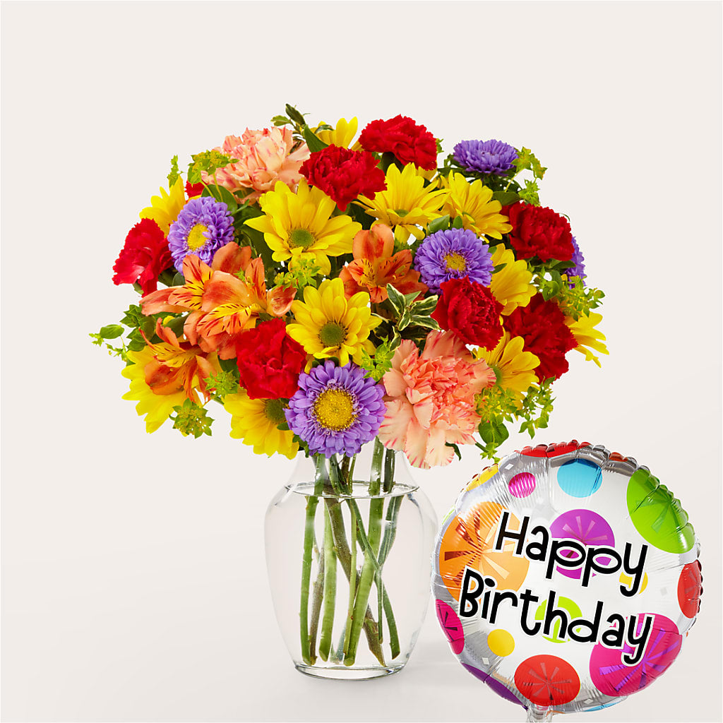 Kaleidoscope Bouquet with Birthday Balloon – Floreria Principe De Paz Llc, Somerset NJ