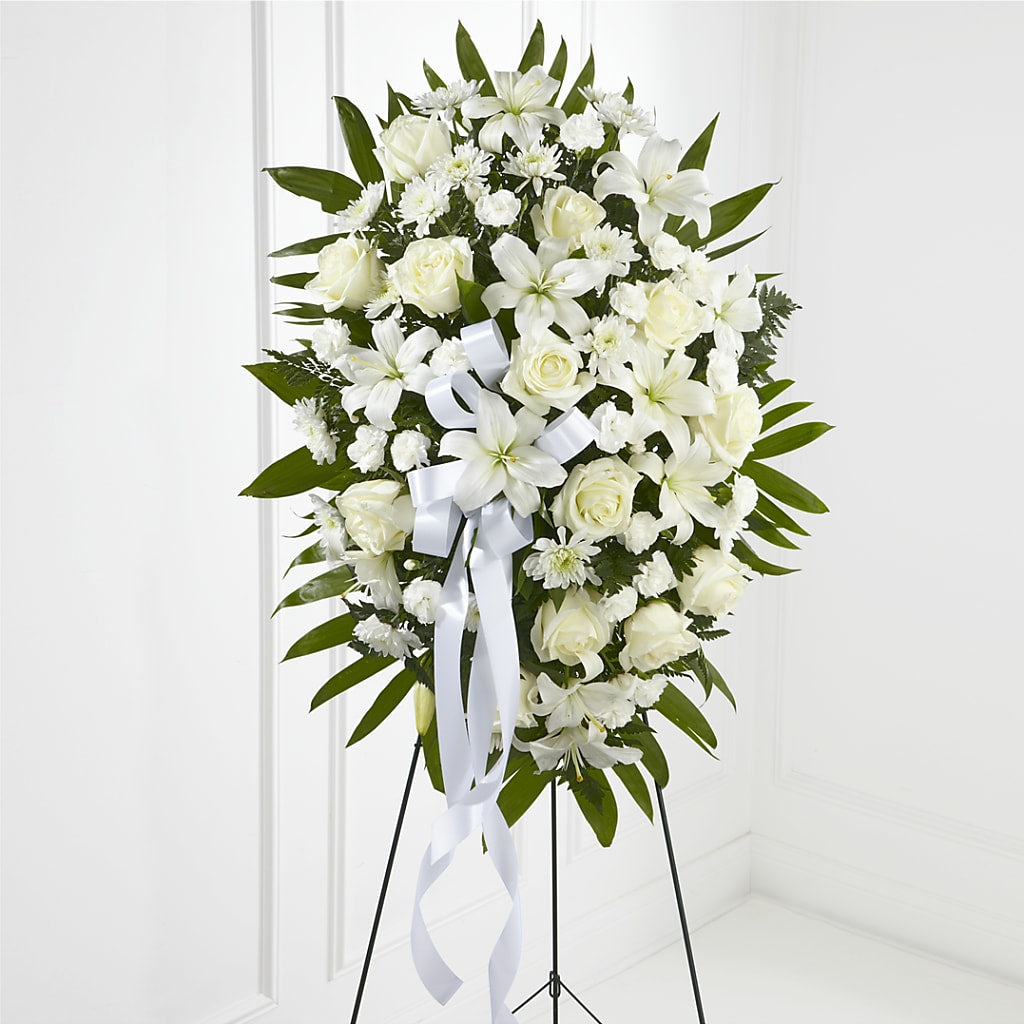 Exquisite Tribute Standing Spray-White Ribbon – Floreria Principe De Paz Llc, Somerset NJ